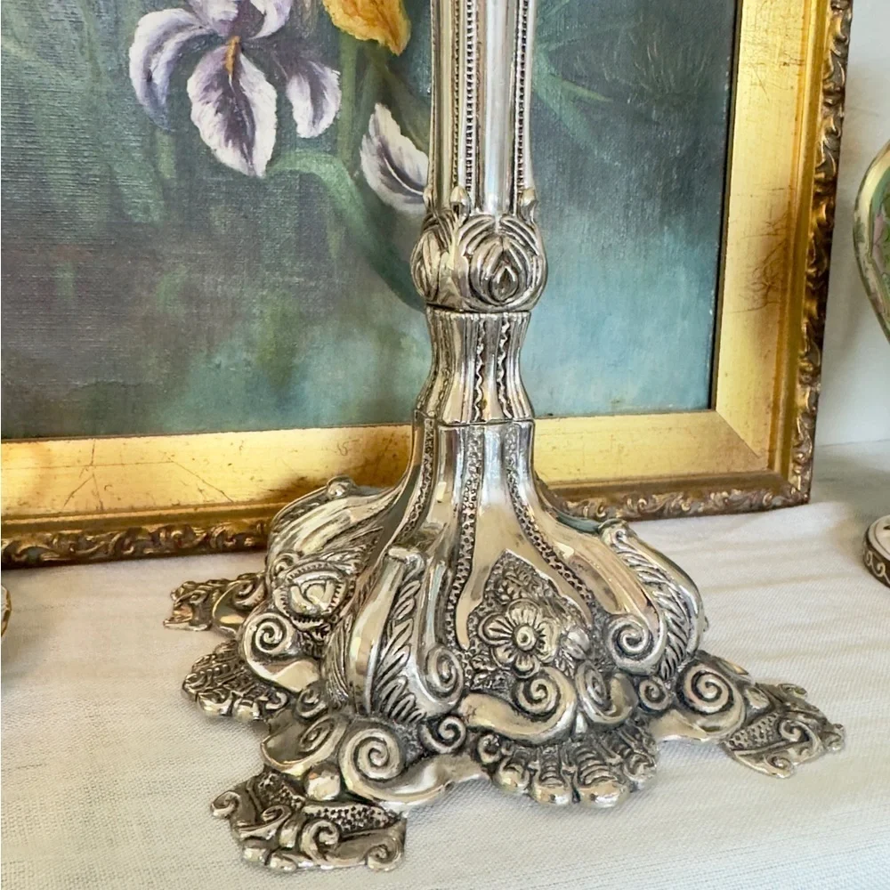 Vintage Silver-Plated Rococo Candlestick (11.5”)